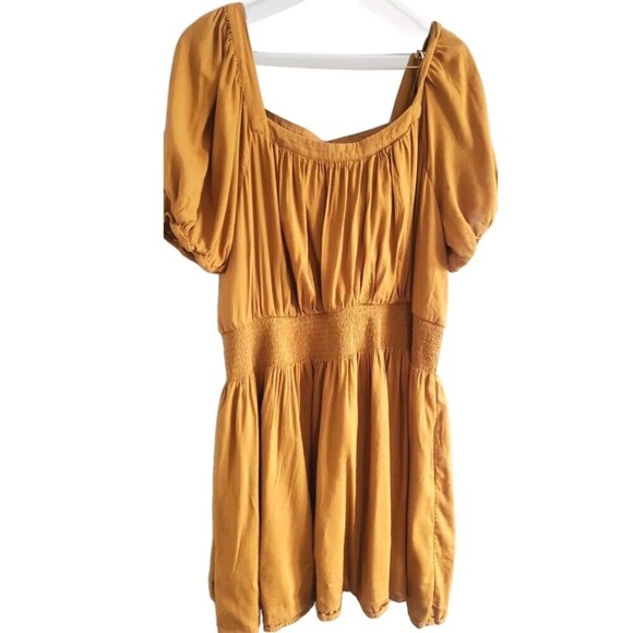 Old Navy Dress Golden Brown Short Puff Sleeve Smocked Waist Women's 2X - Picture 1 of 10